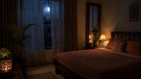 Calm night bedroom showing mirror placement as per Vastu for better sleep