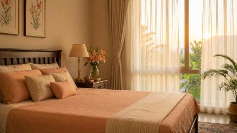 Peaceful Vastu master bedroom showing the right sleeping direction for marriage