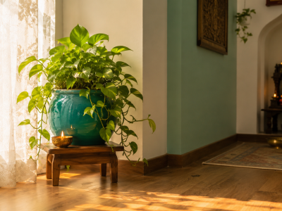 North direction Vastu wealth corner with a green money plant in a sunlit Indian home