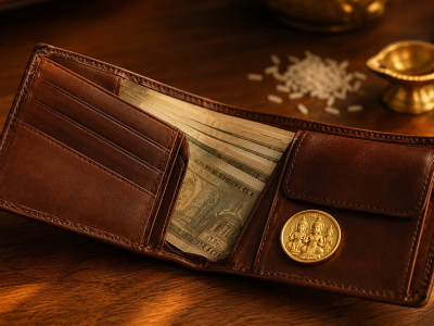 Brown Vastu wallet with neatly arranged rupee notes and a Lakshmi coin to attract money