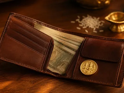 Brown Vastu wallet with neatly arranged rupee notes and a Lakshmi coin to attract money