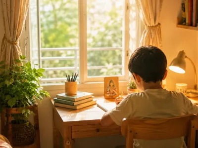 Child studying at a Vastu-aligned desk facing East for better focus