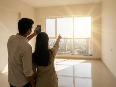 Couple checking Vastu of a new flat with compass before buying