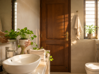 Clean Vastu-aligned bathroom with plant showing proper placement principles