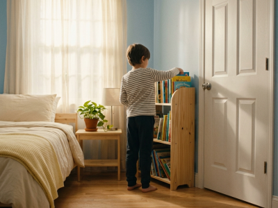 Child arranging books in a Vastu-aligned bedroom supporting healthy growth
