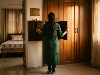 Woman opening a properly-placed Vastu locker in bedroom for wealth flow
