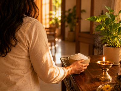 Person placing rock salt bowl to clear negative energy as per Vastu