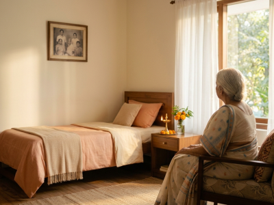 Elderly parent in a beautifully arranged Vastu-aligned bedroom