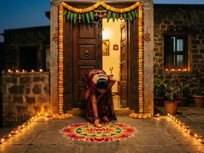 Woman placing diyas at Vastu-aligned decorated entrance on Diwali