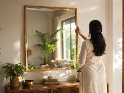 Mirror placed per Vastu reflecting light and plants in Indian living room