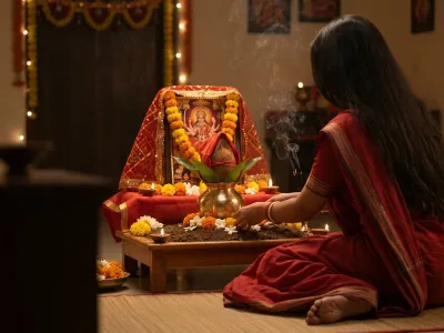 Woman arranging Vastu-aligned Navratri altar with kalash and Durga image