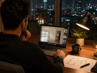 NRI reviewing Indian flat on video call with floor plan for Vastu check