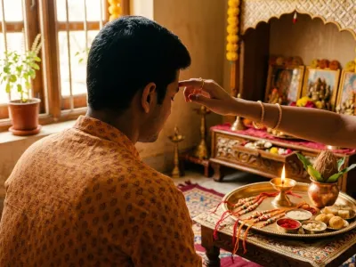 Raksha Bandhan ceremony performed facing East in home's North-East corner