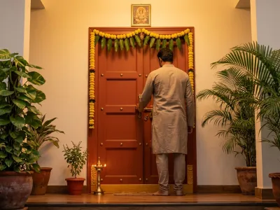 Well-maintained south-facing main door with Vastu remedies in place