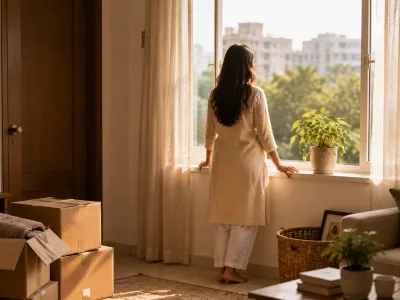 Woman at bright window beginning a new chapter in her home