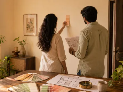 Couple choosing Vastu-aligned paint colors with floor plan and shade cards
