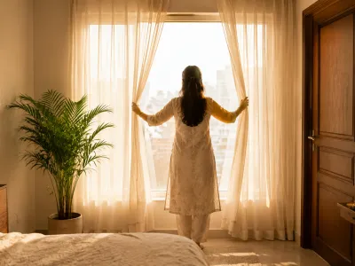 Woman opening curtains to morning light in a calm Vastu-aligned home