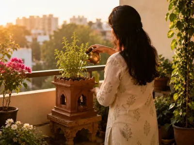 Woman watering Tulsi on plant-filled Vastu-aligned home balcony