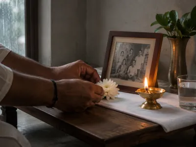 Man placing flower at home ancestor corner during Pitru Paksha