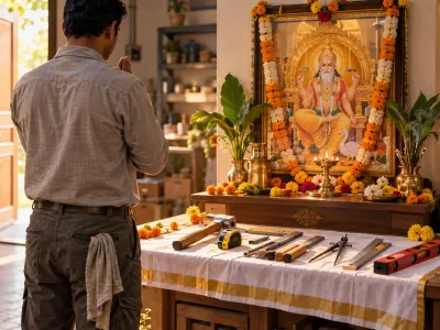 Craftsman at Vishwakarma Puja altar with tools displayed for blessing