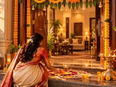 Home entrance decorated with toran and rangoli for Dussehra Vijayadashami