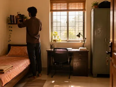 Well-kept hostel room arranged with student Vastu principles