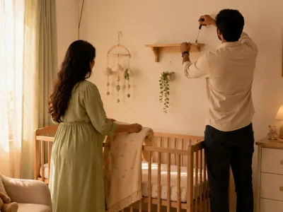 Expecting couple preparing Vastu-aligned nursery with anchored furniture
