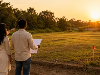 Family inspecting residential plot with survey sketch as per Vastu