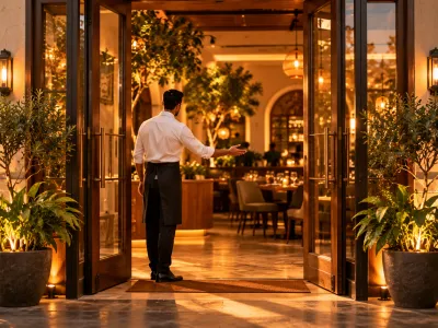 Host welcoming guests at a warmly lit Vastu-aligned restaurant entrance