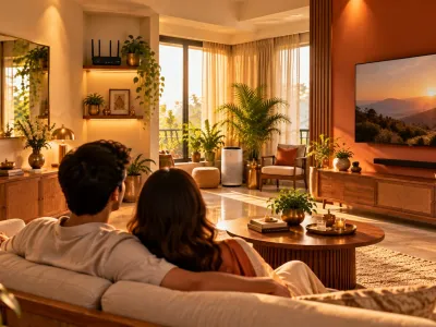 Smart home devices correctly placed per Vastu in modern Indian living room