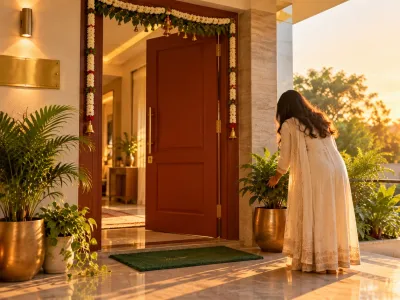 Woman placing plant at entrance aligned with Vastu for Universal Year 1 2026