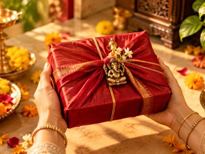 Beautifully wrapped Vastu-aligned gift in red silk with brass Ganesha