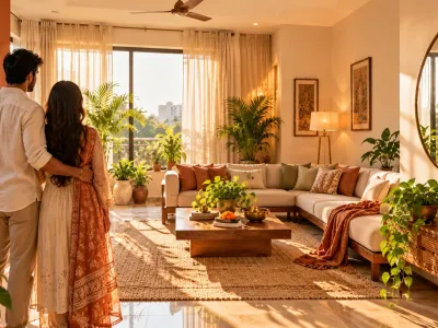 Couple admiring a Vastu-aligned beautifully designed modern Indian living room