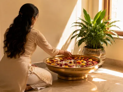 Woman placing flowers in brass urli in North-East water corner