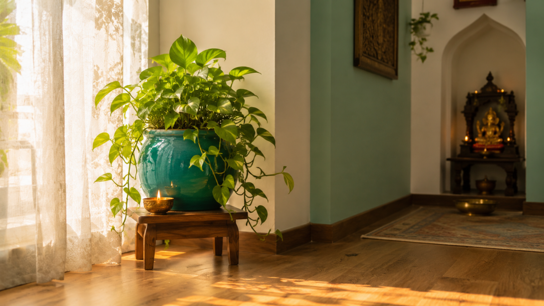 North direction Vastu wealth corner with a green money plant in a sunlit Indian home