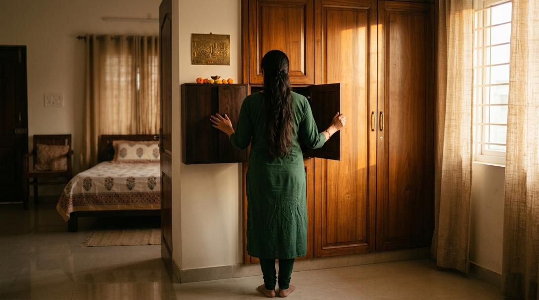 Woman opening a properly-placed Vastu locker in bedroom for wealth flow