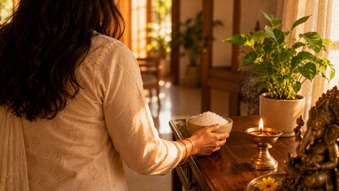 Person placing rock salt bowl to clear negative energy as per Vastu