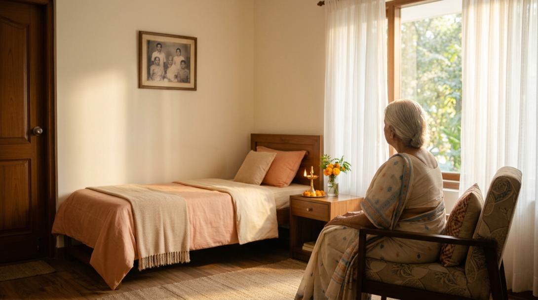 Elderly parent in a beautifully arranged Vastu-aligned bedroom