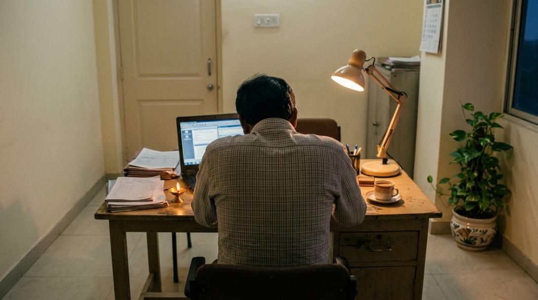 Business owner at desk showing signs of a Vastu-affected struggling business